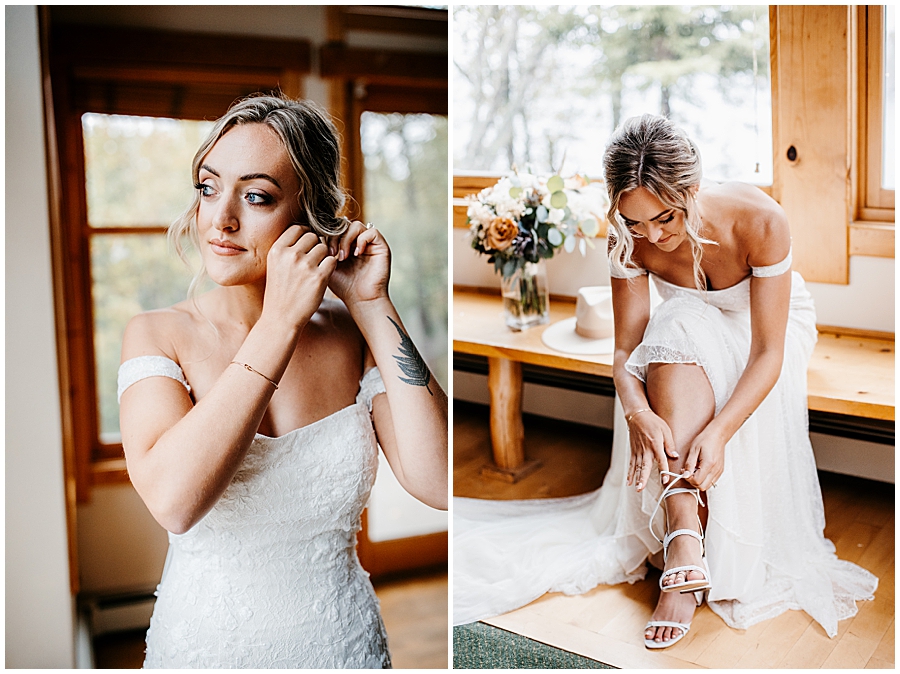 bride putting earrings in and shoes on